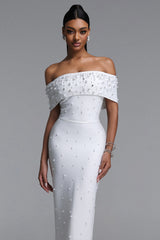 Isme Elegant Contour Off Shoulder Pearl Rhinestone Bandage White Maxi Dress