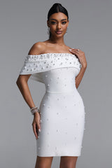 Lucki Elegant Contour Off-Shoulder Pearl Embellished Bodycon Bandage Mini Dress