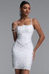 Majrela Gorgeous Fitted Spaghetti Strap Pearl Beaded Corset Bandage Mini Dress