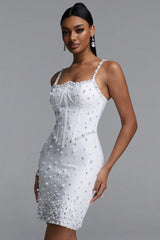 Majrela Gorgeous Fitted Spaghetti Strap Pearl Beaded Corset Bandage Mini Dress