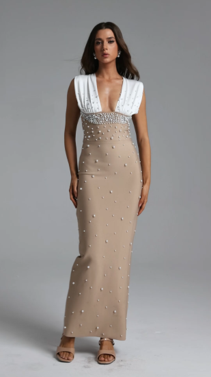 Lizzy Glamorous Contour Pearl Bandage Maxi Dress