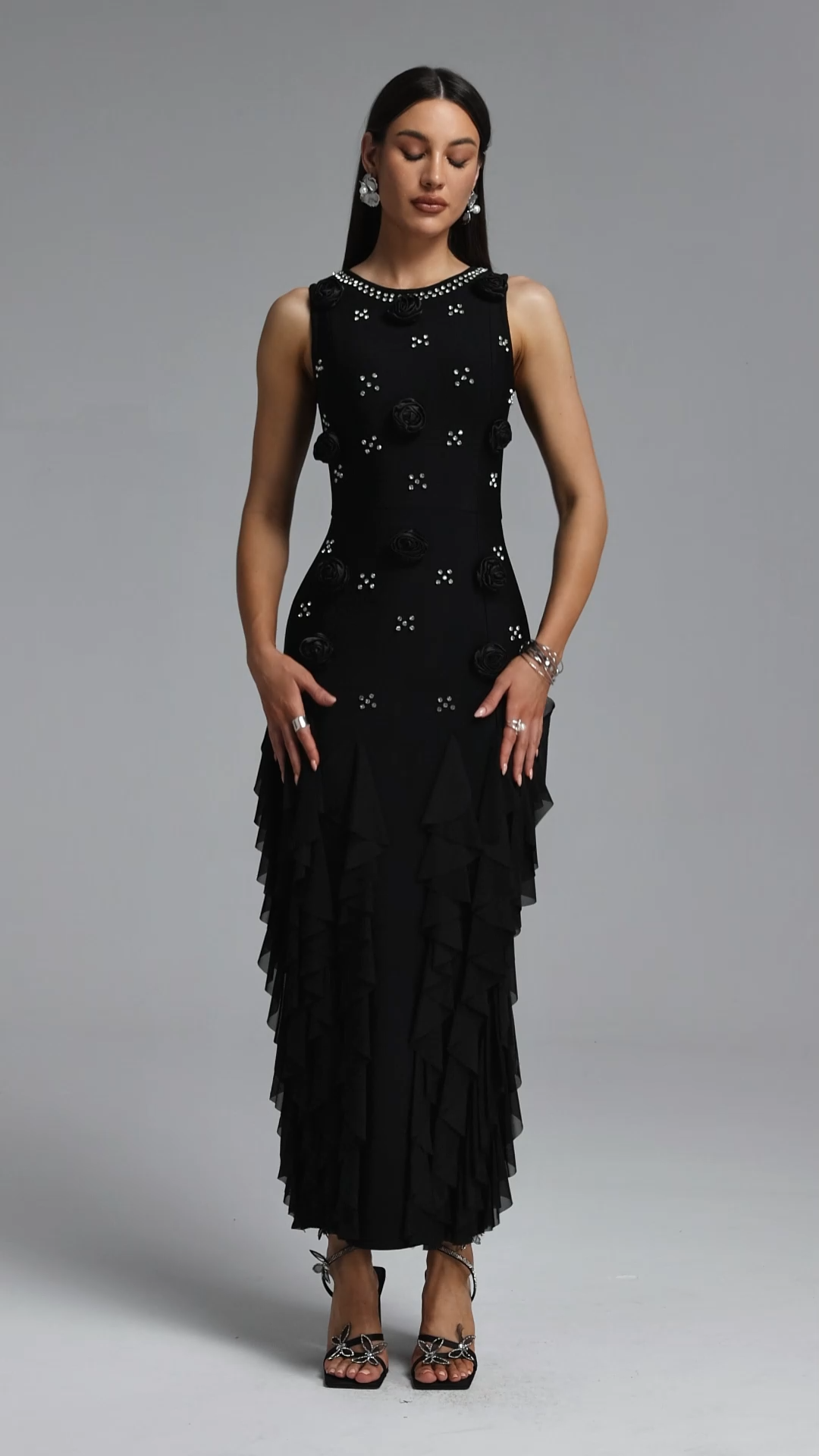 Ogaka Chic Contour Rhinestone Floral Bandage Black Maxi Dress
