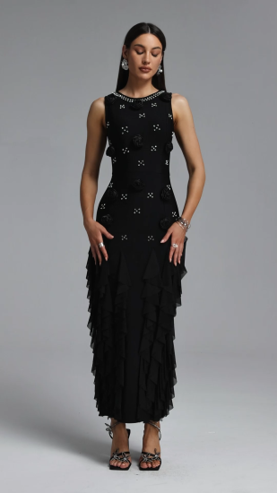 Ogaka Chic Contour Rhinestone Floral Bandage Black Maxi Dress
