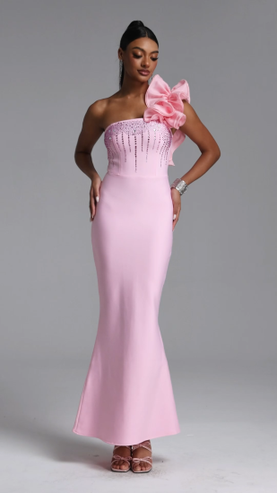 Saslim Romantic Contour One Shoulder Crystal Bandage Maxi Dress
