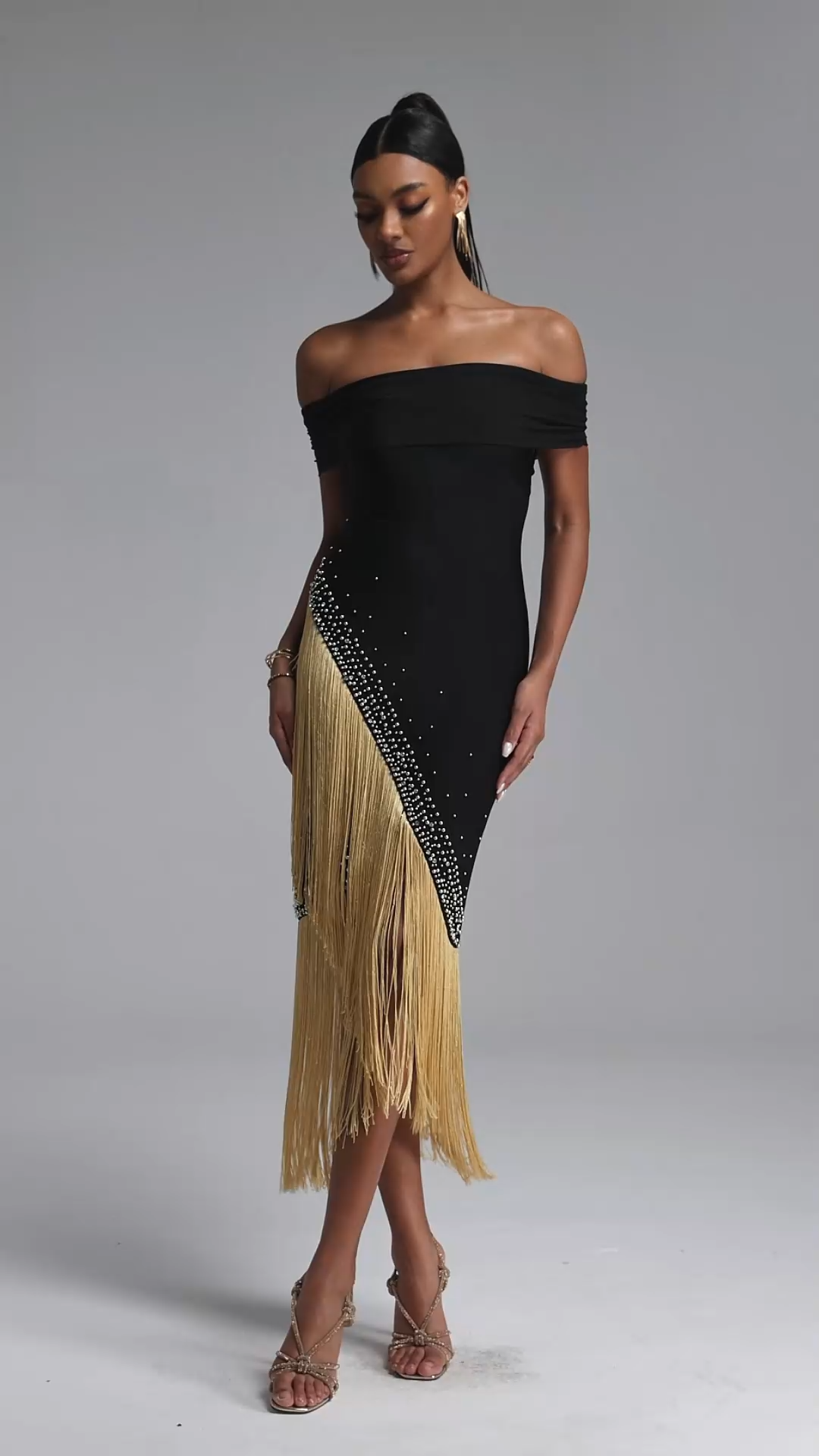 Tata Chic Contour Off Shoulder Gold Fringe Bandage Maxi Dress