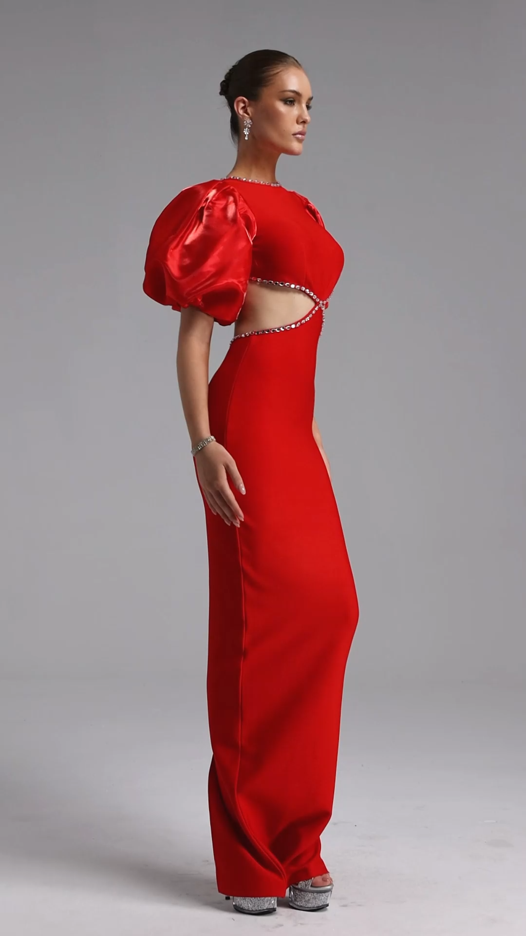 Waner Romantic Contour Puff Sleeve Cut Out Rhinestone Bandage Maxi Dress