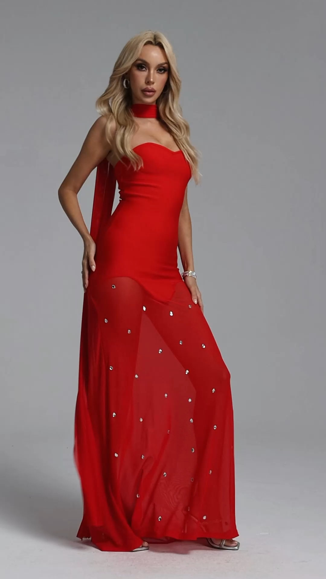 Zenobia Classic Contour Strapless Rhinestone Bandage Mesh Red Maxi Dress