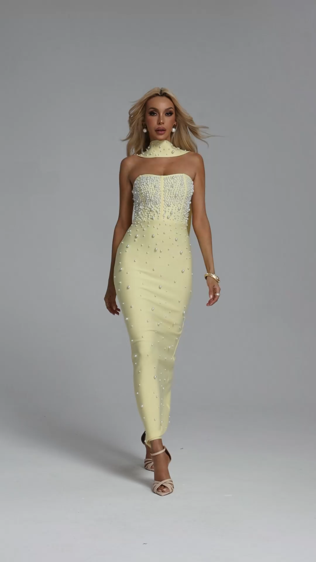 Dierea Glamorous Contour Strapless Pearl Bandage Yellow Maxi Dress