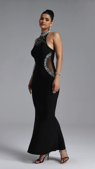 Samala Classic Contour Halter Pearl Bandage Maxi Dress
