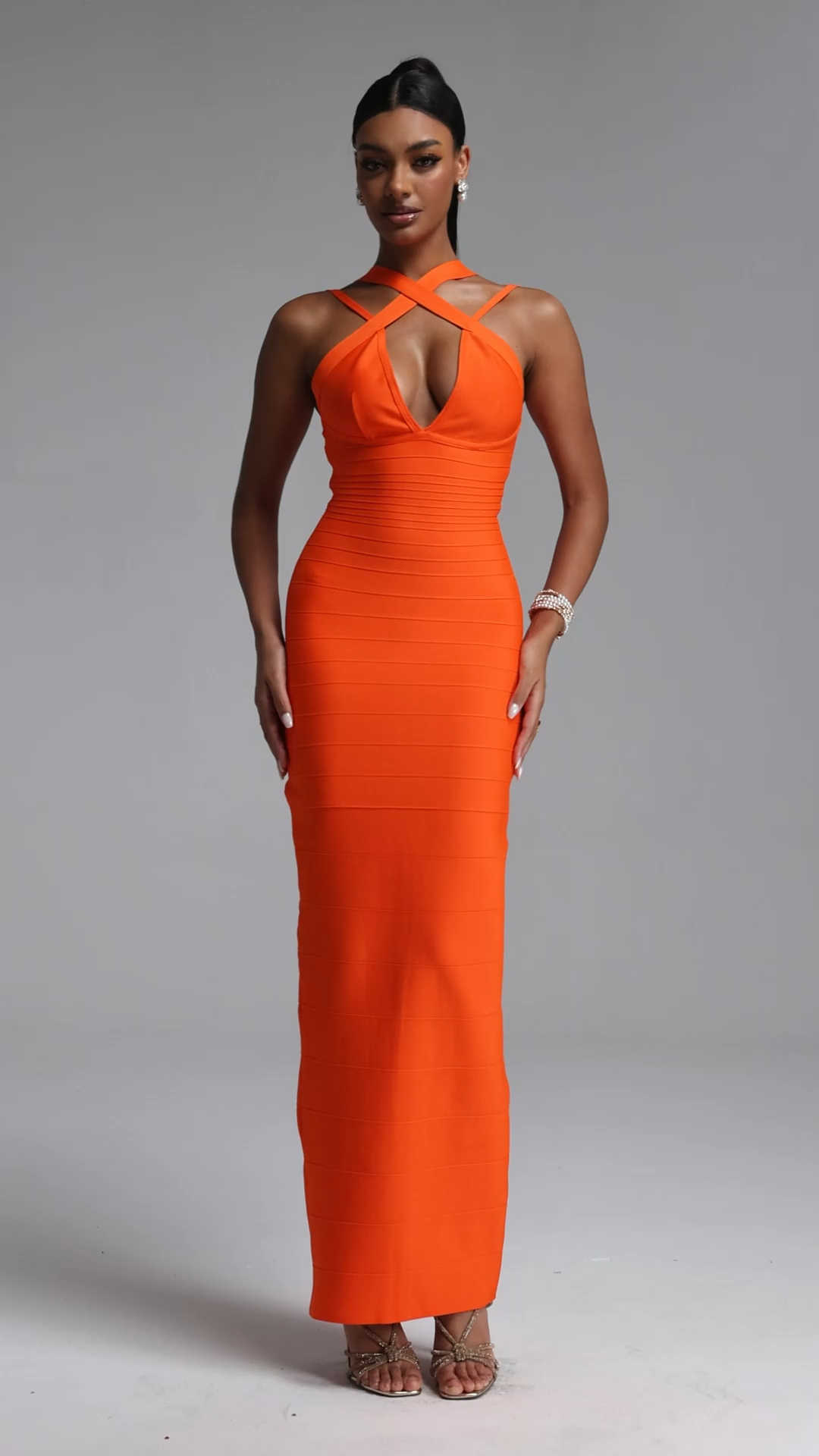 Wagani Sexy Contour Halter Deep V Bandage Maxi Dress