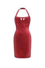 Halter Metallic Bandage Dress - Dark Red