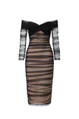 Gracie Sexy Contour Off Shoulder Ruched Mesh Bandage Midi Dress