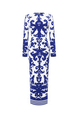 Round Neck Long Sleeve Jacquard Bandage Maxi Dress