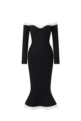 Lousia Romantic Contour Off Shoulder Button Front Lace Trim Bandage Midi Dress