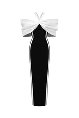 Elegant Contour Halter Bow Contrast Bandage Maxi Dress