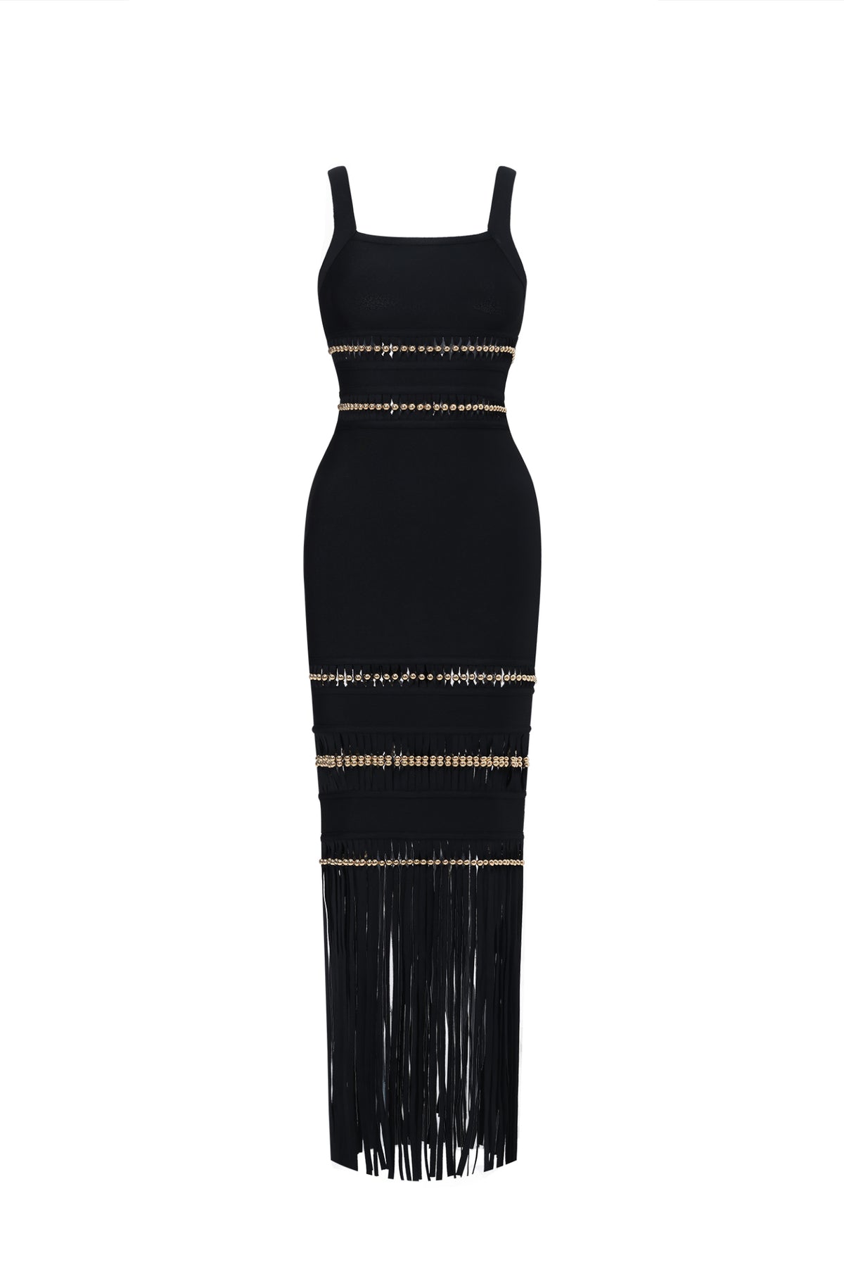 Shanley Chic Contour Sleeveless Beaded Fringe Black Bandage Maxi Dress