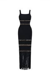 Shanley Chic Contour Sleeveless Beaded Fringe Black Bandage Maxi Dress