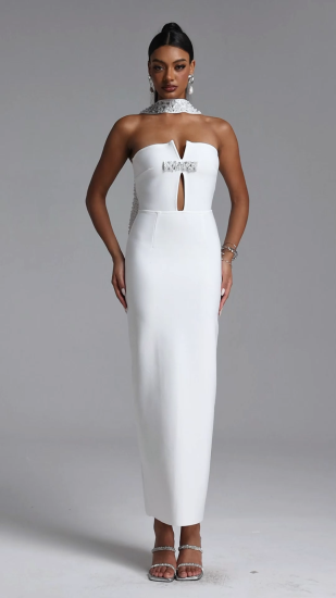 Iunne Chic Contour Strapless Cut Out Pearl Rhinestone Bandage Maxi Dress
