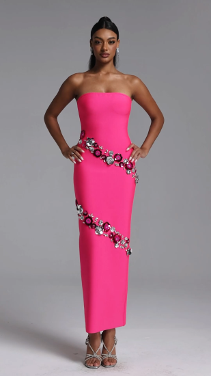 Valo Romantic Contour Strapless Sequin Floral Bandage Maxi Dress