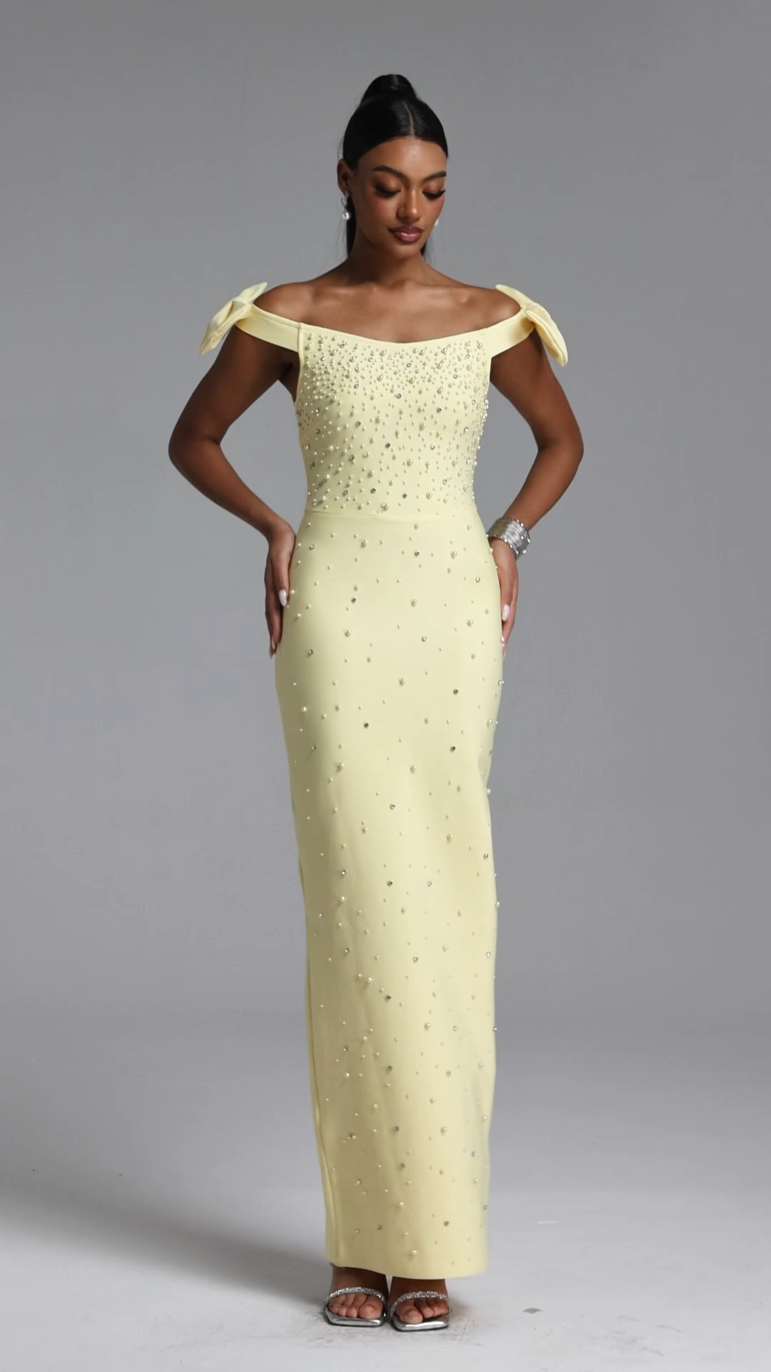 Fanny Chic Contour Off Shoulder Pearl Rhinestone Bandage Maxi Dress