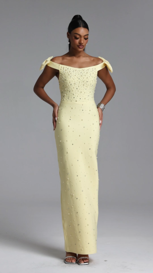 Fanny Chic Contour Off Shoulder Pearl Rhinestone Bandage Maxi Dress