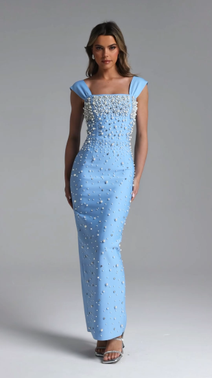 Vafa Glamorous Contour Square Neck Pearl Rhinestone Bandage Maxi Dress