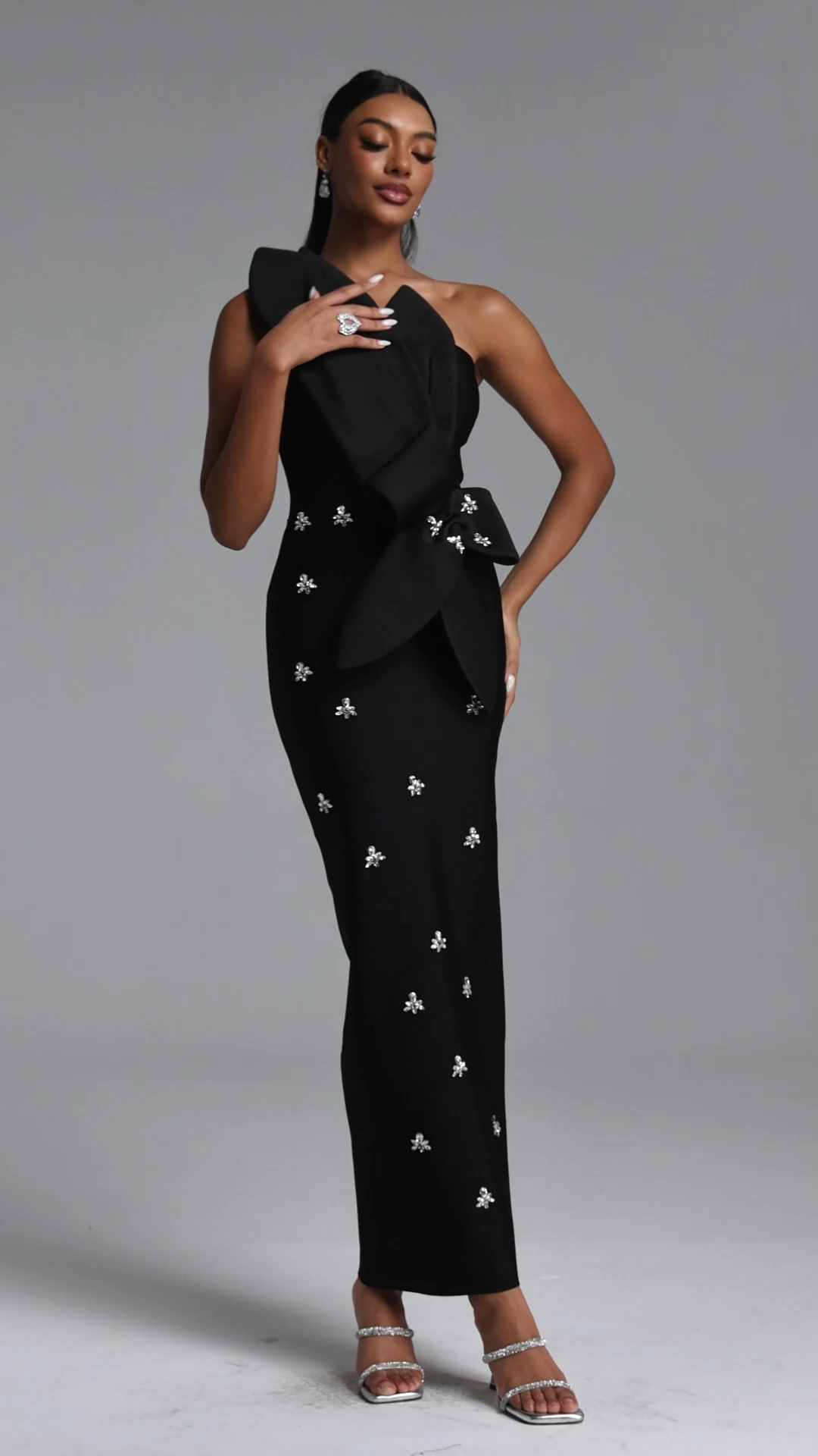Ohney Chic Contour Strapless Asymmetric Rhinestone Black Bandage Maxi Dress